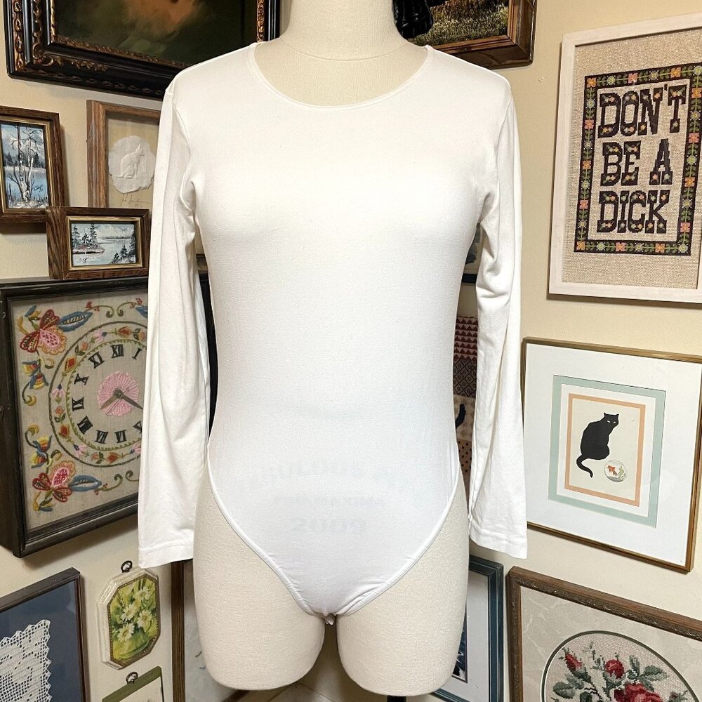 90s Vintage Ann Taylor White Stretch Scoop Neck Long Sleeve Bodysuit Size L